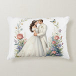 Romantic Bride Groom Floral Elegant Wedding Couple Decorative Cushion<br><div class="desc">Romantic watercolor-style bride and groom embracing forehead-to-forehead in elegant off-shoulder wedding gown and tuxedo, framed by delicate floral vines, roses, wildflowers, butterflies and soft pastel garden background. Ethereal, dreamy, vintage-inspired illustration perfect for wedding decor, anniversary gifts, romantic wall art, bridal shower, invitations, canvas prints, posters, t-shirts, mugs, pillows, tote bags...</div>