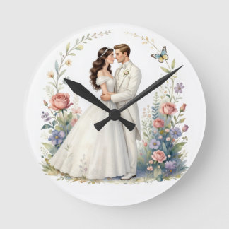 Romantic Bride Groom Floral Elegant Wedding Couple Round Clock