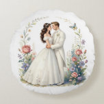 Romantic Bride Groom Floral Elegant Wedding Couple Round Cushion<br><div class="desc">Romantic watercolor-style bride and groom embracing forehead-to-forehead in elegant off-shoulder wedding gown and tuxedo, framed by delicate floral vines, roses, wildflowers, butterflies and soft pastel garden background. Ethereal, dreamy, vintage-inspired illustration perfect for wedding decor, anniversary gifts, romantic wall art, bridal shower, invitations, canvas prints, posters, t-shirts, mugs, pillows, tote bags...</div>