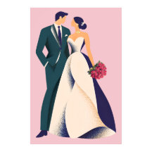 Romantic Bride & Groom Illustration Poster