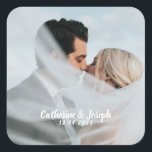 Romantic Bride & Groom Wedding   Square Sticker<br><div class="desc">Design features a modern romantic calligraphy script.  Add your lovely photo and name of choice for your wedding event.</div>