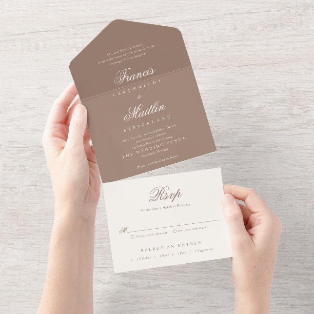 Romantic Brown Elegant Wedding All In One Invitation (Tearaway)