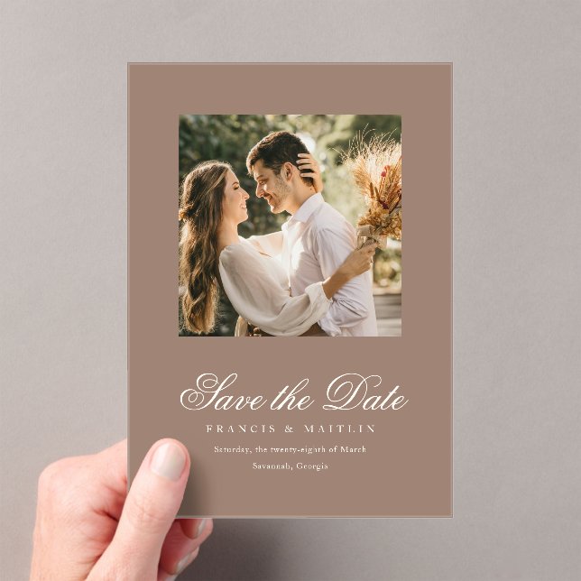 Romantic Brown Photo Elegant Wedding Save the Date Acrylic Invitations (Insitu (Handheld))