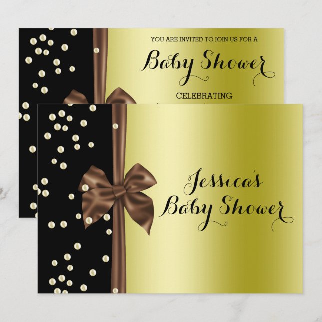 Romantic Brown Sash Bow & Pearls Baby Shower Invitation (Front/Back)