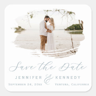 Romantic Brushed Frame Dusty Blue Save the Date Square Sticker