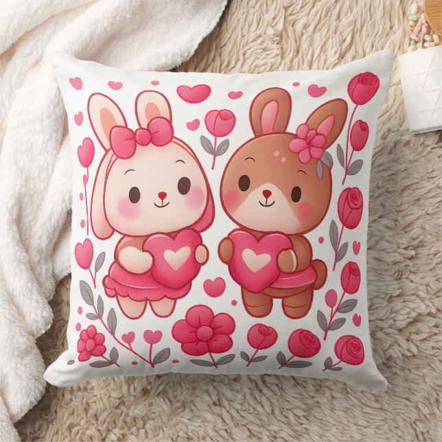 Romantic Bunny Couple Heart Throw Pillow (Blanket)