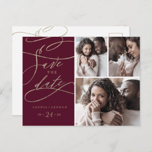 Romantic Burgundy 3 Photo Save the Date Invitation Postcard
