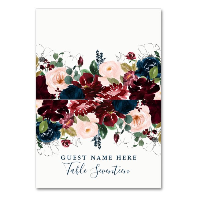 Romantic Burgundy and Blue Woodland Escort Cards (Front)