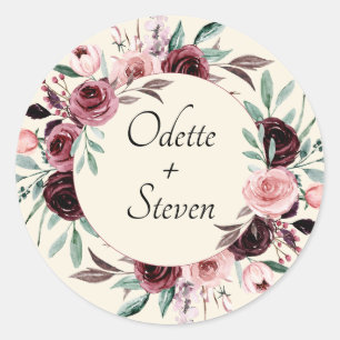 Romantic Burgundy and Cream Garden Foliage Wedding Classic Round Sticker