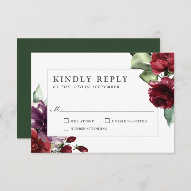 Romantic Burgundy and Plum Floral Wedding RSVP (Front/Back)
