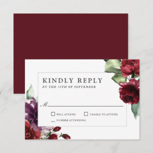 Romantic Burgundy and Plum Floral Wedding RSVP Card