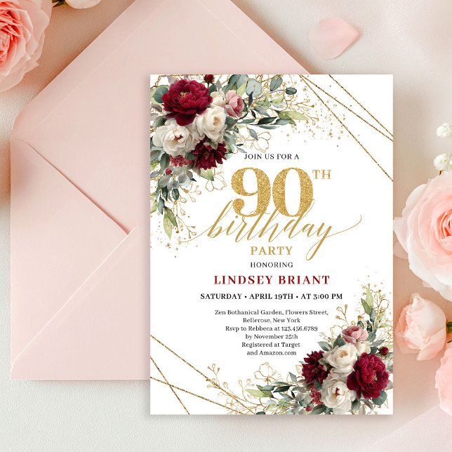 Romantic Burgundy and White Floral 90th Birthday  Invitation (Romantic Burgundy and White Floral 90th Birthday Invite)