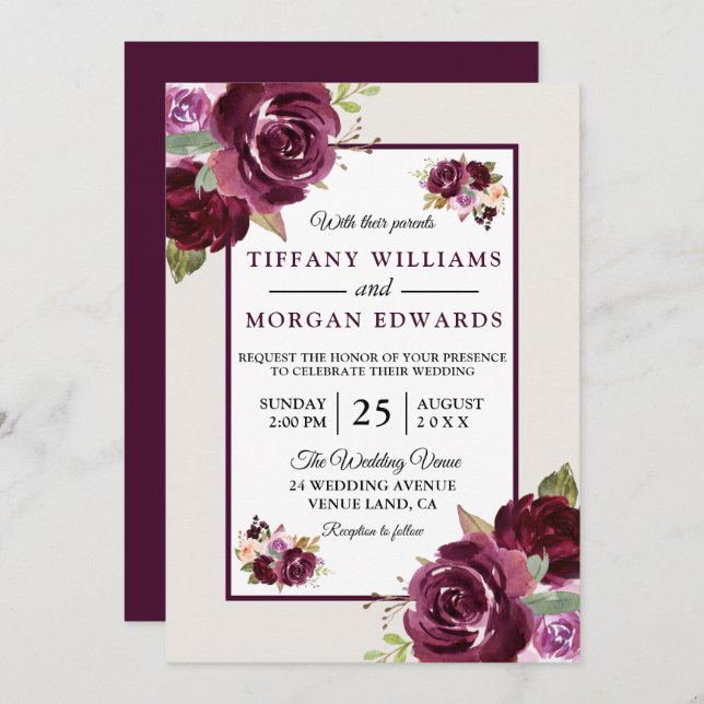 Romantic Burgundy Berry Flowers Elegant Wedding Invitation (Front/Back)