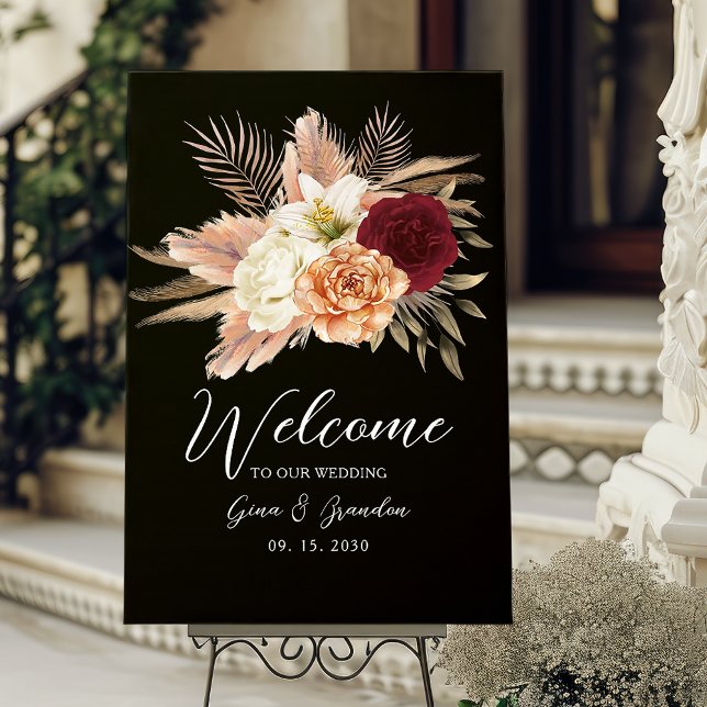 Romantic Burgundy Black Floral Wedding Welcome Poster (Creator Uploaded)