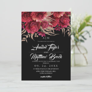 Romantic Burgundy Black Gold Floral Wedding  Invitation