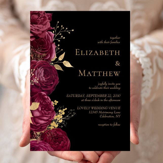 Romantic Burgundy Black Gold Floral Wedding Invitation (Creator Uploaded)