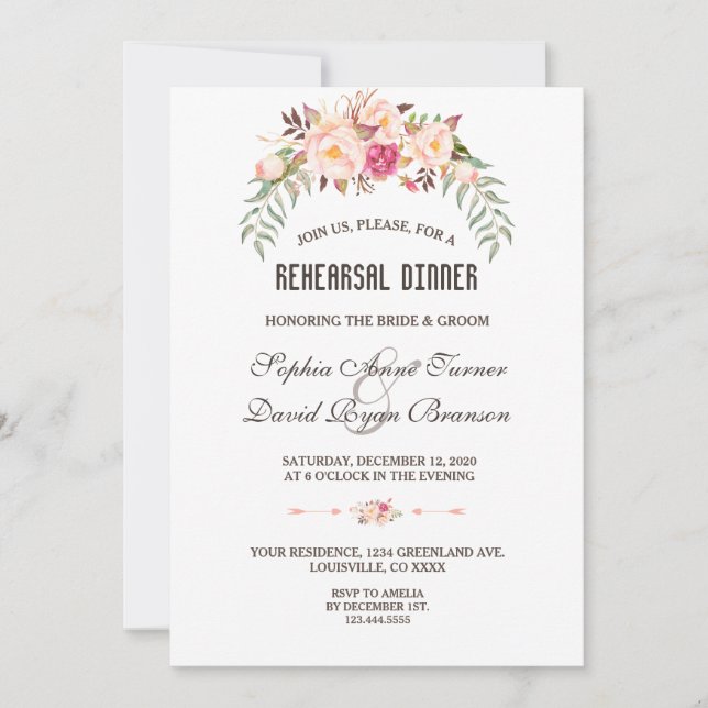 Romantic Burgundy Blush Floral Rehearsal Dinner Invitation (Front)