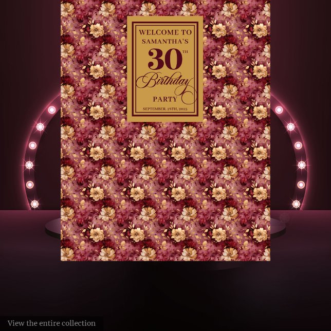 Romantic Burgundy Blush Gold 30th Birthday Banner Tapestry (Romantic Burgundy Blush Gold 30th Birthday Banner Tapestry)