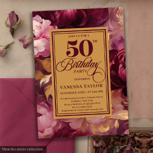 Romantic burgundy blush gold roses 50th birthday  invitation