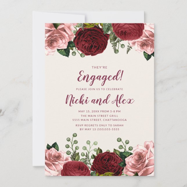 Romantic Burgundy Blush Pink Floral Engagement Invitation (Front)