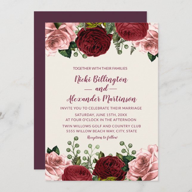 Romantic Burgundy Blush Pink Floral Wedding Invitation (Front/Back)