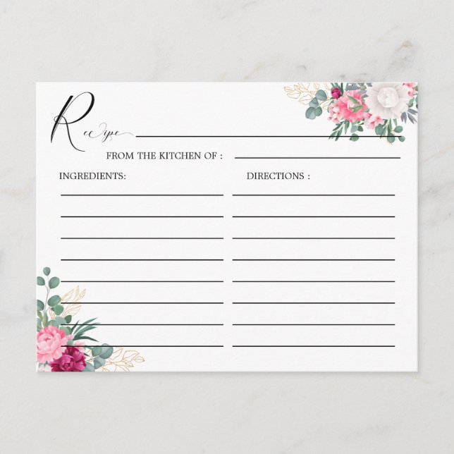 Romantic Burgundy Blush Pink Floral Wedding Recipe Postcard (Front)