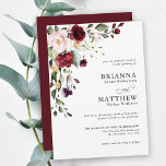 Romantic Burgundy Blush Plum Green Floral Wedding  Invitation<br><div class="desc">This charming romantic wedding invitation has a lovely floral corner bouquet in the stylish colour combination of burgundy red, blush pink, plum purple, and peach with sumptuous greenery scattered throughout. It makes a wonderful choice for weddings from mid-summer, to fall and throughout the winter months. The reverse side of the...</div>