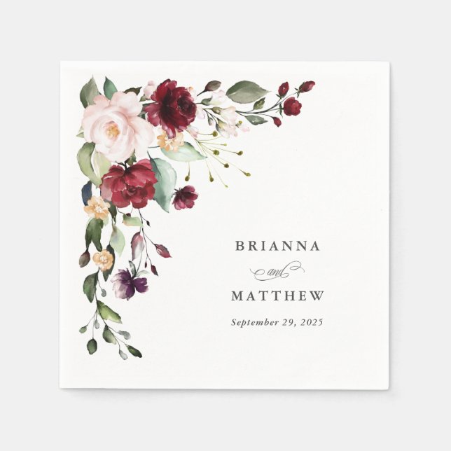 Romantic Burgundy Blush Plum Green Floral Wedding Napkin (Front)