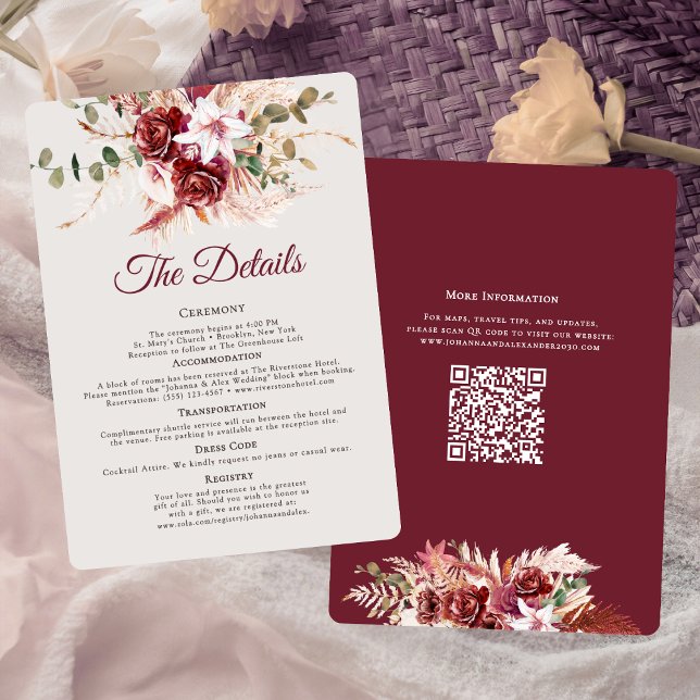 Romantic Burgundy & Blush QR Code Wedding Details  Enclosure Card (Creator Uploaded)