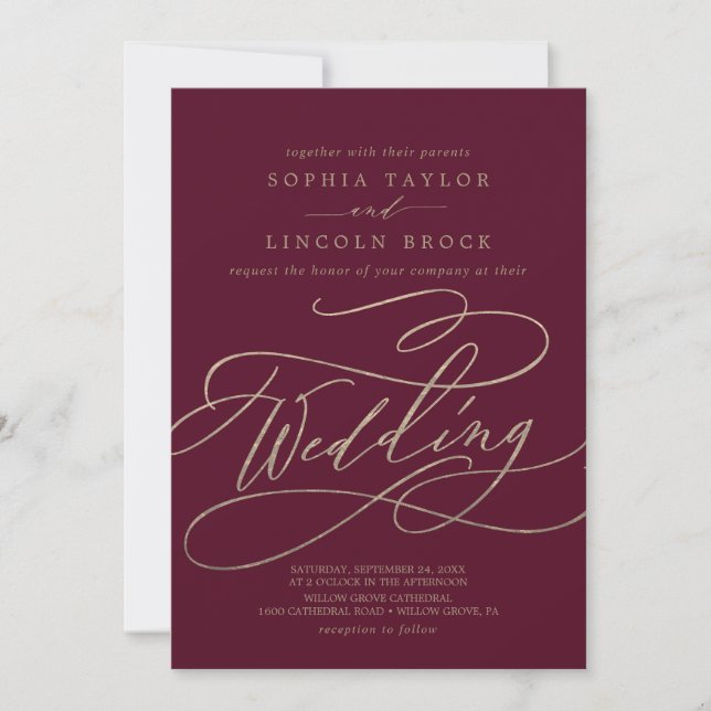 Romantic Burgundy Calligraphy | Flourish Wedding Invitation (Front)
