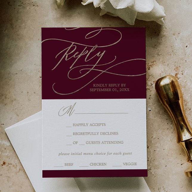 Romantic Burgundy Calligraphy Menu Choice RSVP (Creator Uploaded)