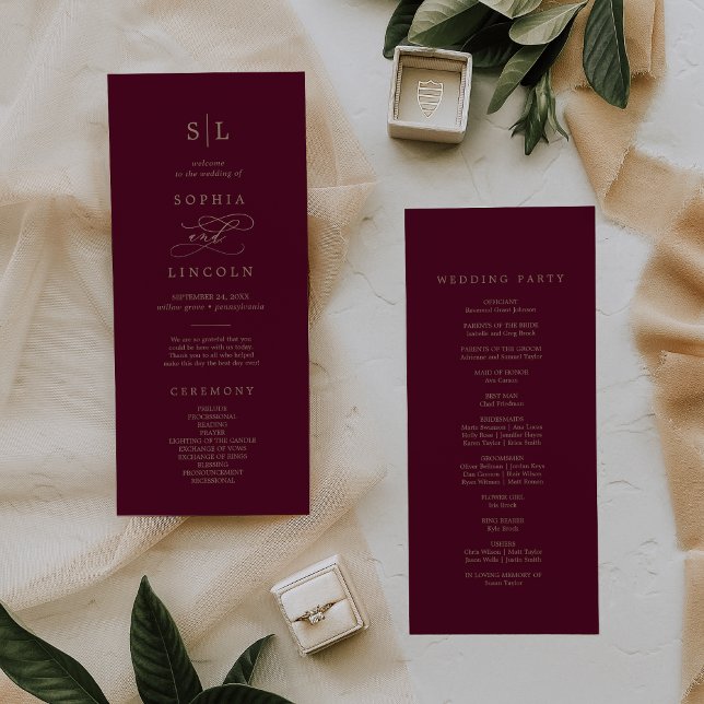 Romantic Burgundy Calligraphy Monogram Wedding Programme (Creator Uploaded)