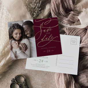 Romantic Burgundy Calligraphy Photo Save the Date Invitation Postcard