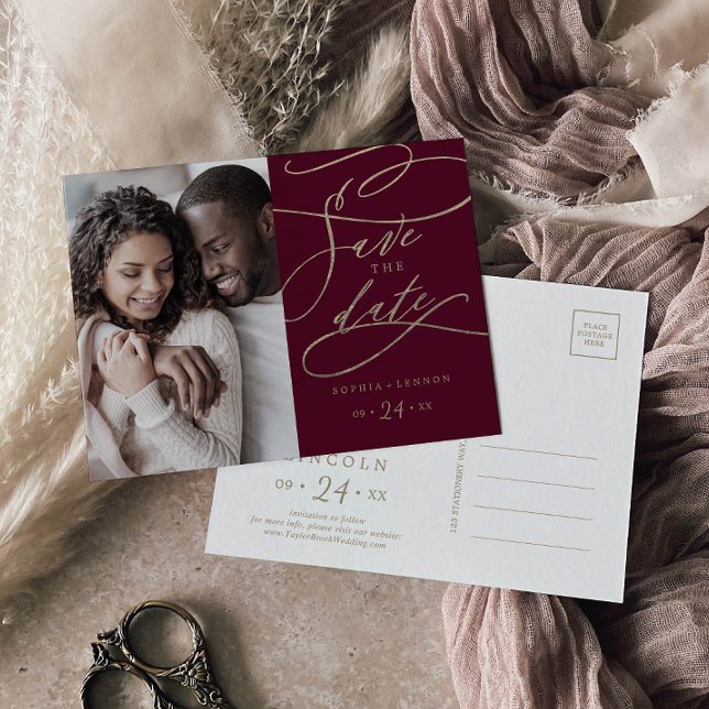 Romantic Burgundy Calligraphy Photo Save the Date Invitation Postcard (Creator Uploaded)