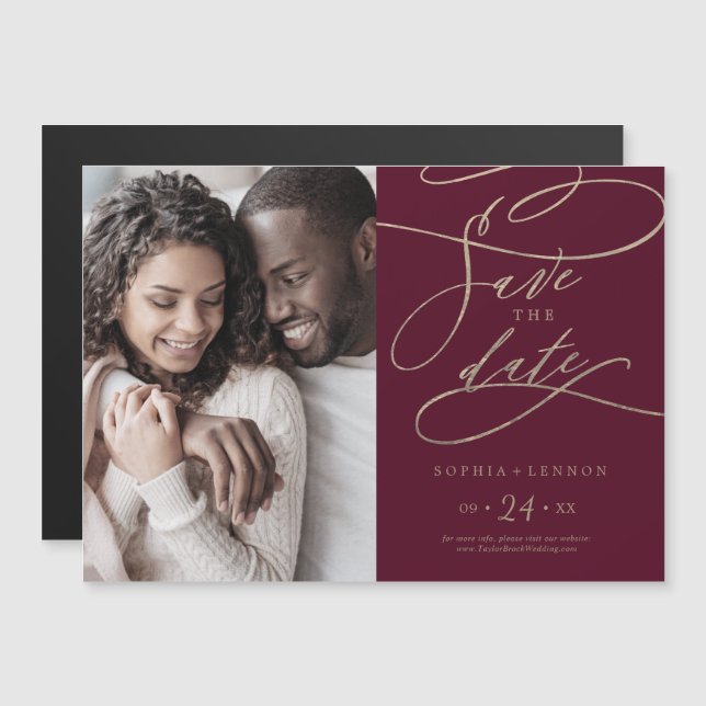 Romantic Burgundy Calligraphy Photo Save the Date Magnetic Invitation (Front/Back)