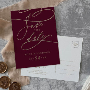 Romantic Burgundy Calligraphy Save the Date Invitation Postcard