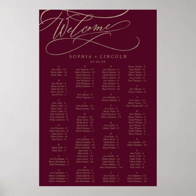 Romantic Burgundy Calligraphy Seating Chart (Front)
