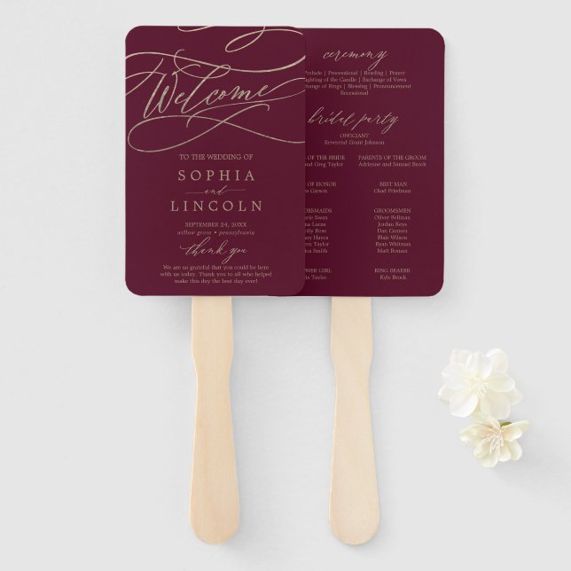 Romantic Burgundy Calligraphy Wedding Program Fan (Front and Back)