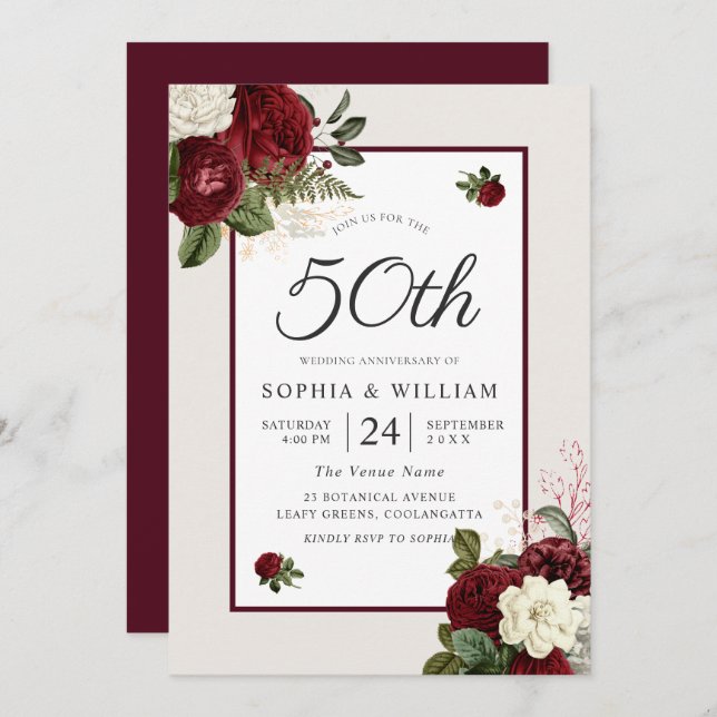 Romantic Burgundy Floral 50th Wedding Anniversary Invitation (Front/Back)