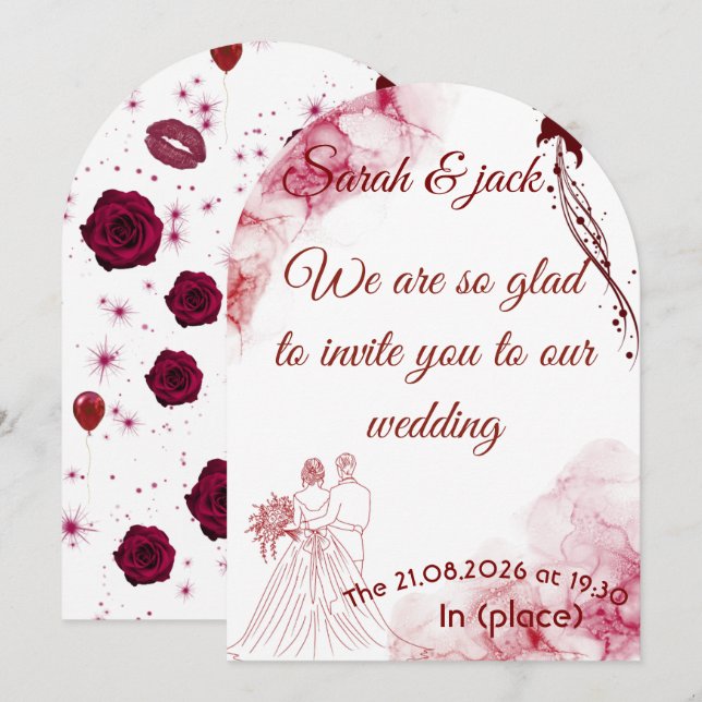 Romantic Burgundy Floral Arch Wedding Invitation | (Front/Back)