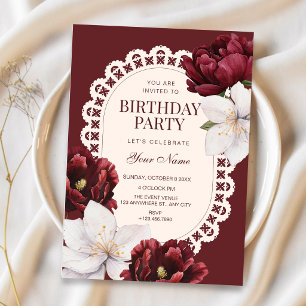 Romantic burgundy floral bloom birthday invitation