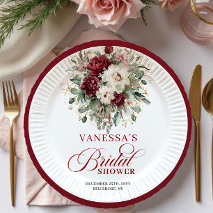 Romantic Burgundy Floral Bridal Shower Paper Plate