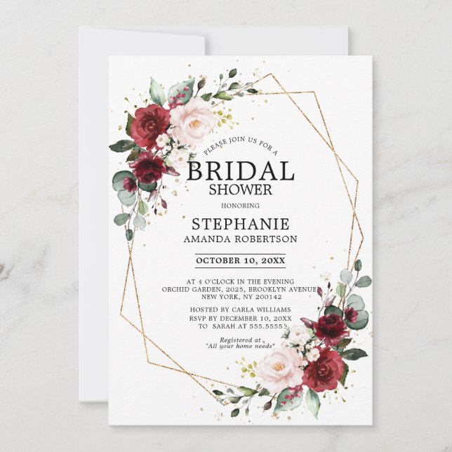 Romantic Burgundy Floral Geometric Bridal Shower Invitation (Front)