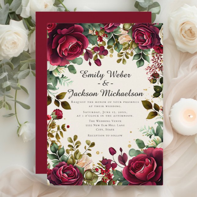 Romantic Burgundy Floral Luxury Wedding Invitation (Elegant red burgundy roses and greenery wedding invitation)