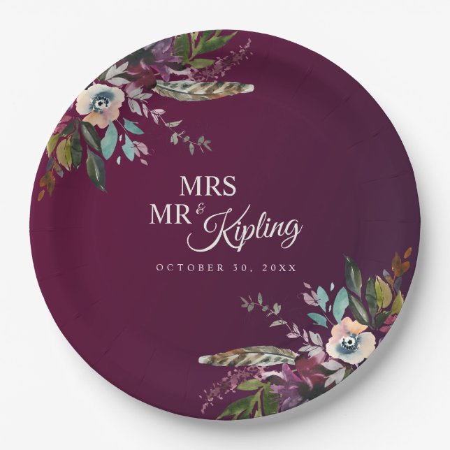 Romantic Burgundy Floral Mr & Mrs Wedding Paper Plate (Front)