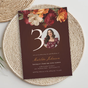Romantic Burgundy Floral Photo 30th Birthday Invitation