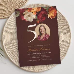 Romantic Burgundy Floral Photo 50th Birthday Invitation