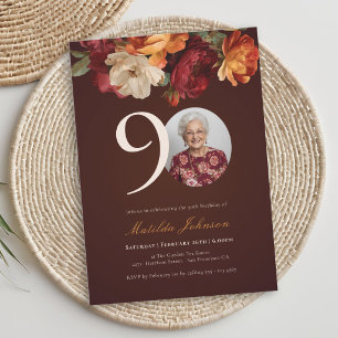 Romantic Burgundy Floral Photo 90th Birthday Invitation