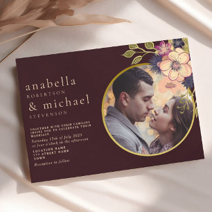 Romantic Burgundy Floral Photo Wedding Invite