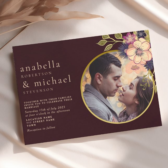 Romantic Burgundy Floral Photo Wedding Invite (Creator Uploaded)